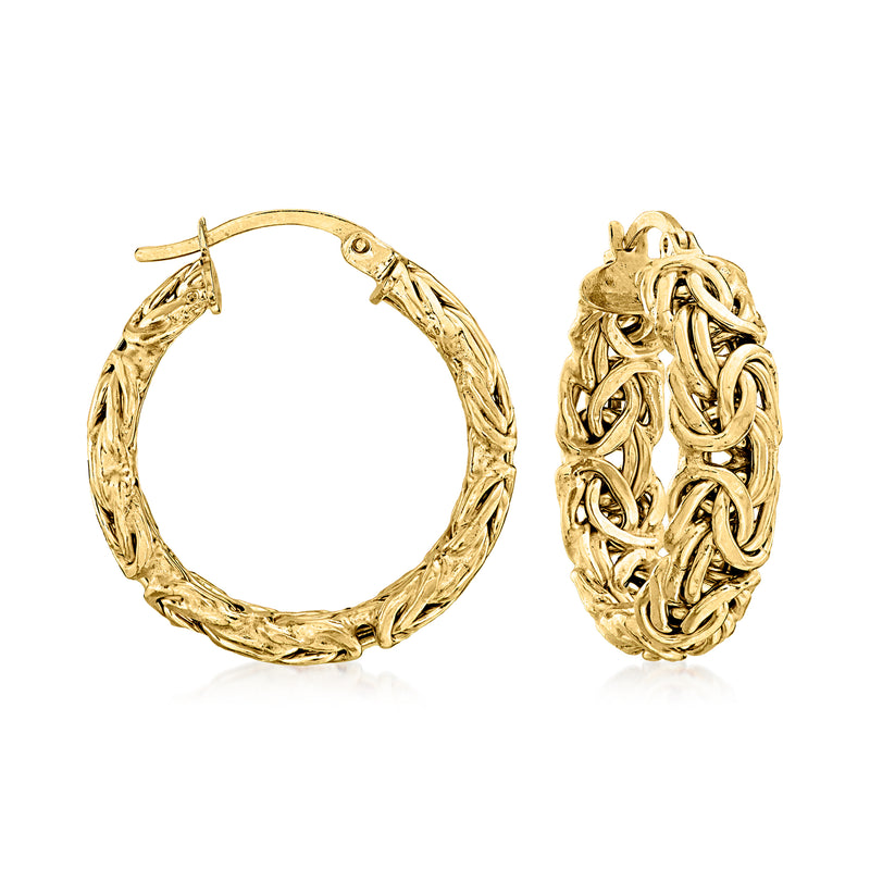 Small gold over sterling Byzantine hoop earrings with textured oval links