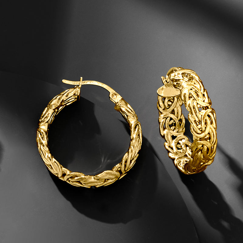 Gold over sterling Byzantine hoop earrings, textured oval hoops with hinge posts