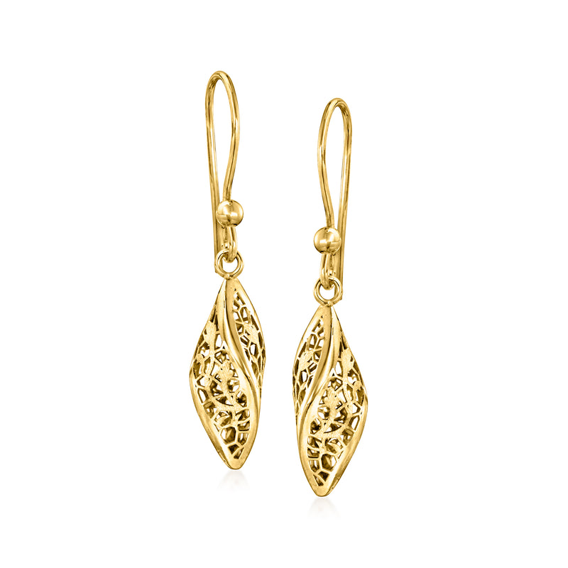14kt yellow gold twisted lace drop earrings with oval filigree, earwire style