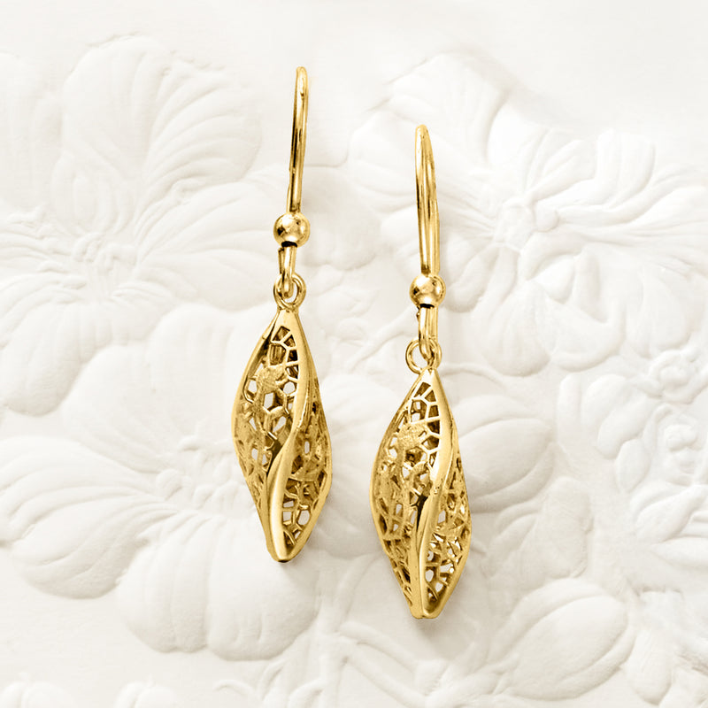 14kt yellow gold twisted lace drop earrings with oval openwork filigree, earwires