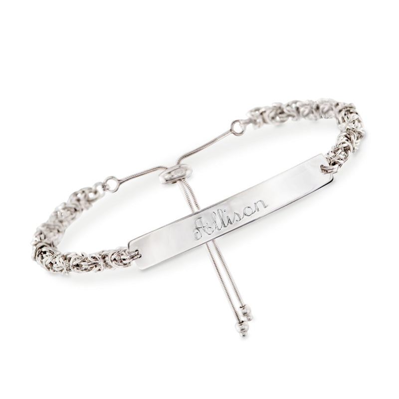 Sterling silver bolo bracelet with Byzantine chain and engraved ID bar, name text