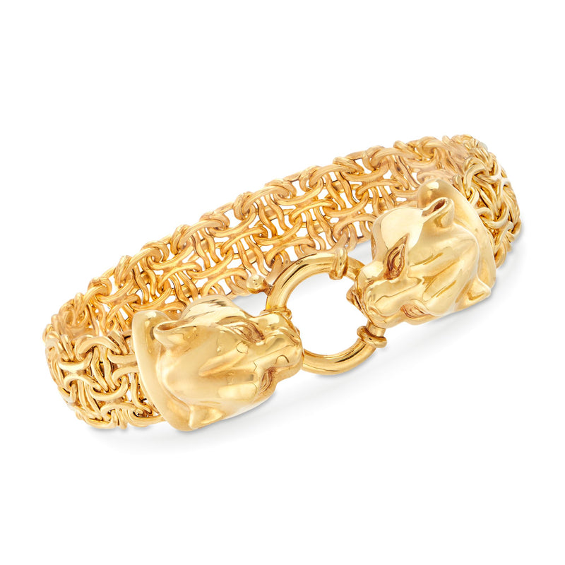 14kt yellow gold double panther head link bracelet with sculpted lion-like clasp detail