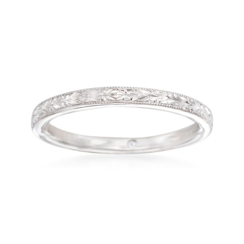 14kt white gold engraved wedding ring with etched pattern