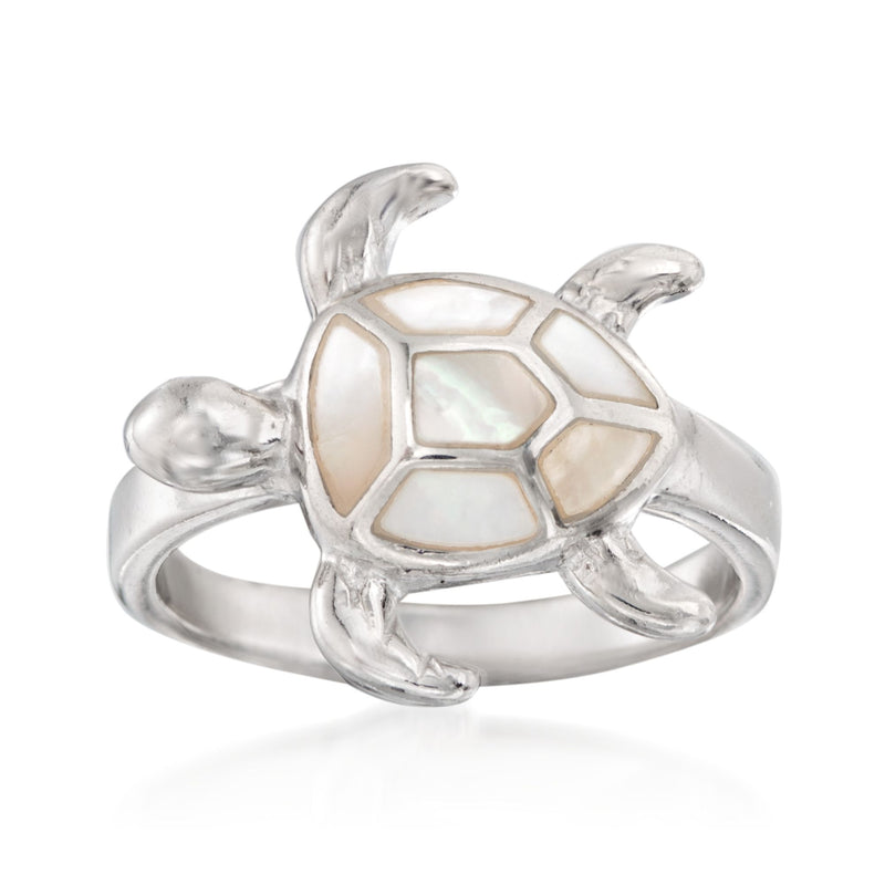 Sterling silver sea turtle ring with white mother-of-pearl shell inlay