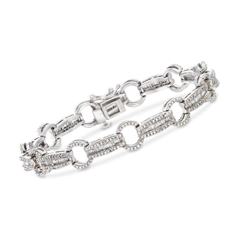 Sterling silver diamond link bracelet with baguette and round settings