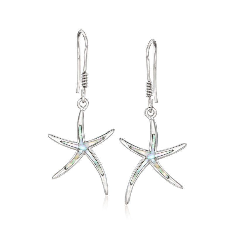 Sterling silver earwire starfish drop earrings with iridescent mother-of-pearl inlays