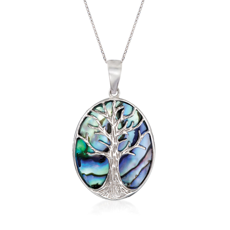 Sterling silver pendant necklace with oval Tree of Life abalone shell inlay detail