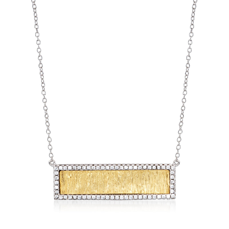 Two-tone sterling silver CZ textured bar necklace with rectangular gold-tone center