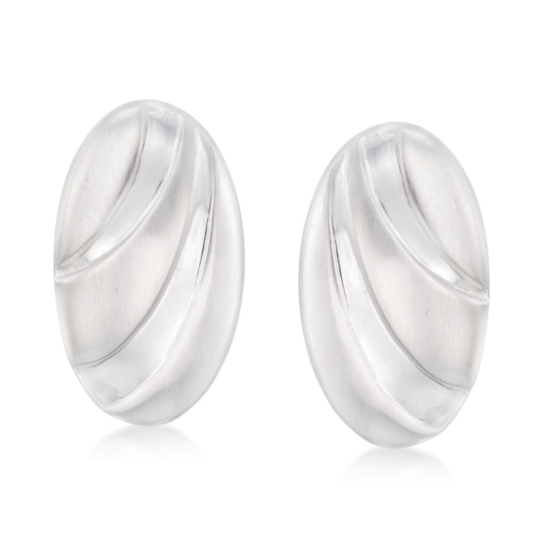 Oval silver clip-on earrings with brushed and polished curved surface