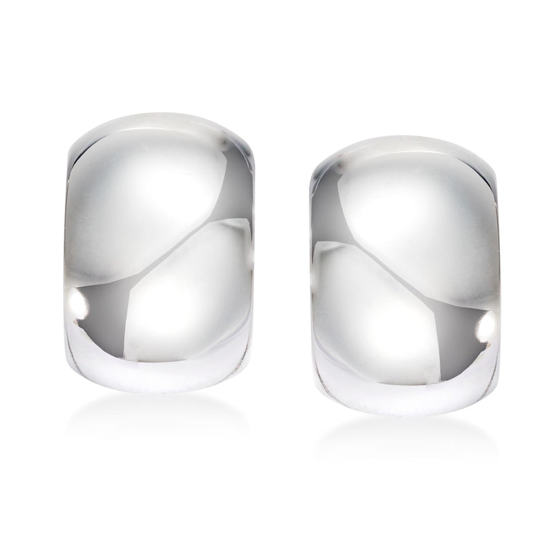 Polished sterling silver wide J-hoop clip-on earrings, rounded rectangular hoops