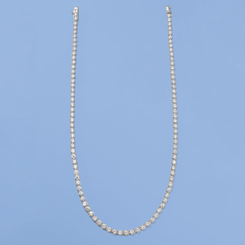 Sterling silver graduated CZ tennis necklace with clasp, full length view.
