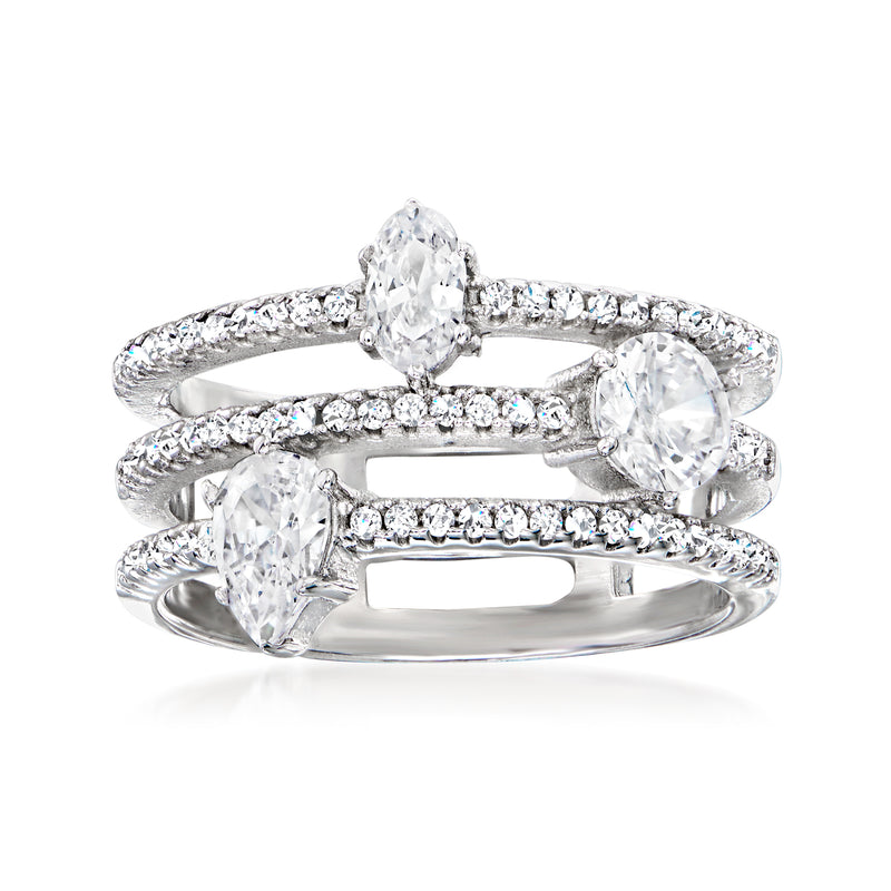 Sterling silver three-row CZ ring with round center stone and two oval side stones