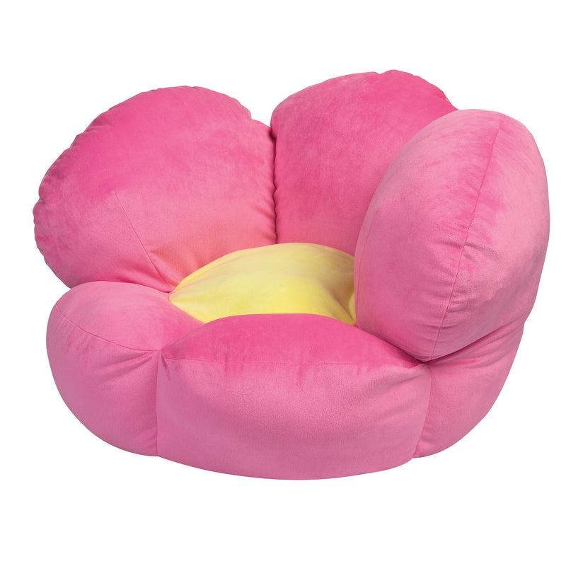 Pink plush flower chair with five petal cushions and yellow center pad