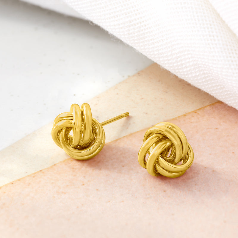 14kt yellow gold love-knot stud earrings with visible stud posts