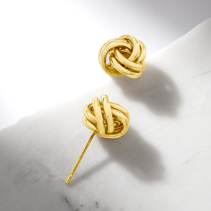 14kt yellow gold love-knot stud earrings, twisted knot detail close-up