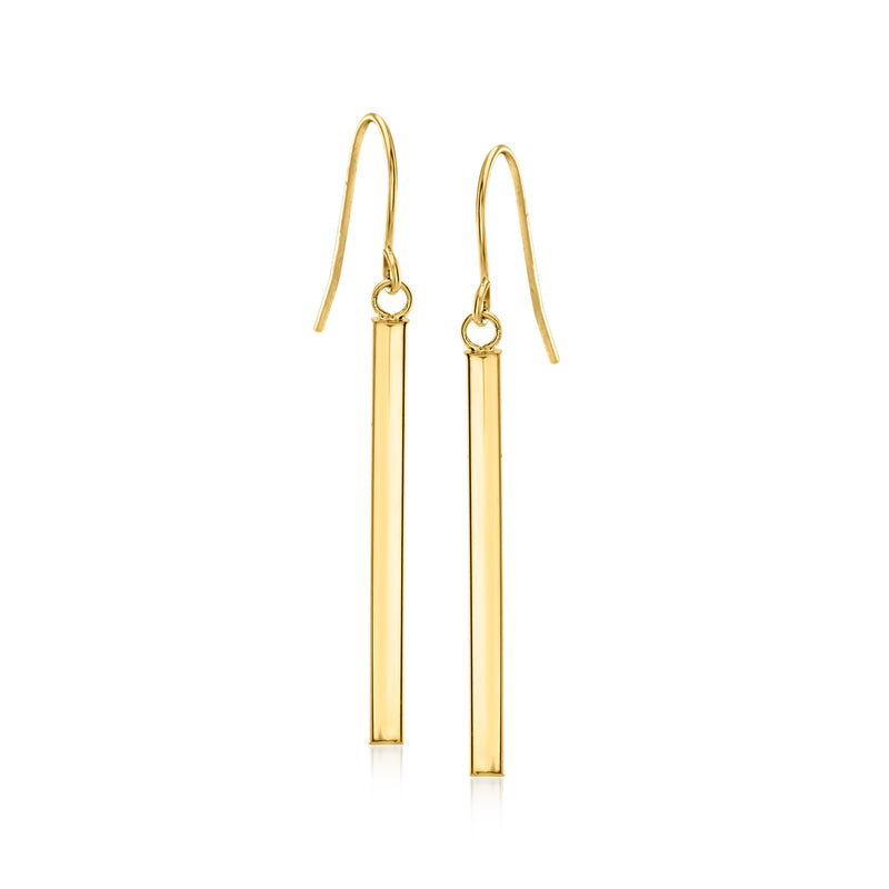 14kt yellow gold linear drop earrings, earwire with rectangular bar drops