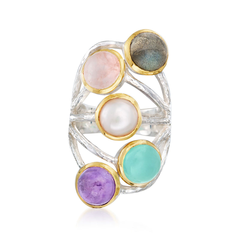 Two-tone sterling silver cabochon ring with pink, white, teal & purple stones