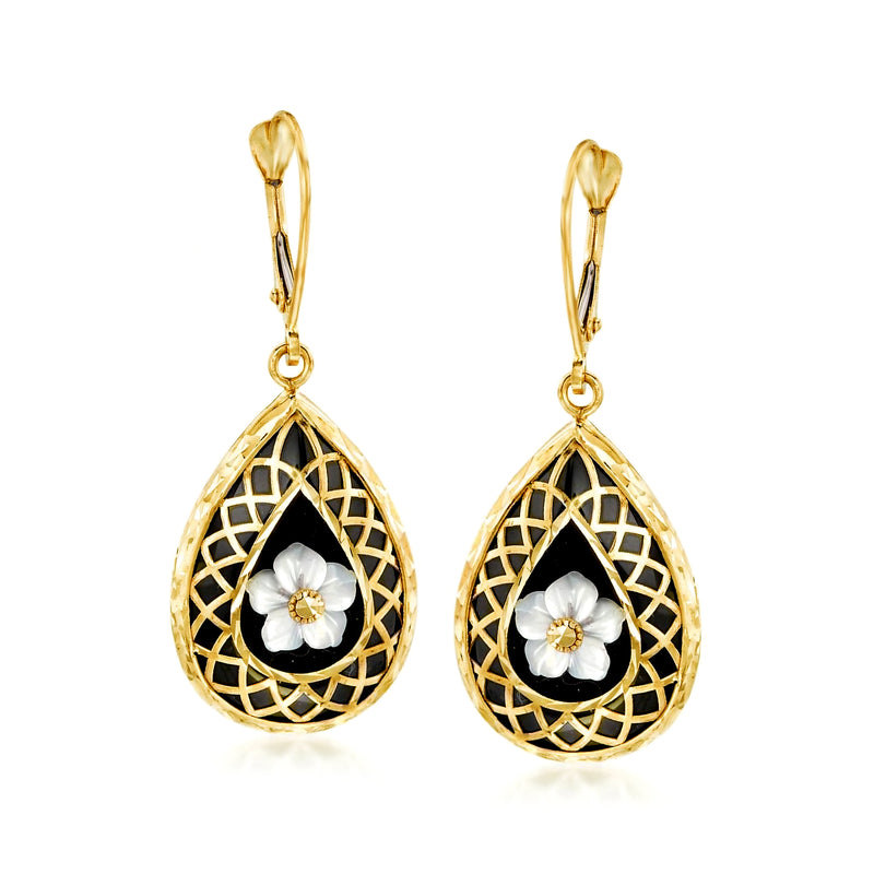 14kt yellow gold leverback drop earrings with black onyx teardrops and mother-of-pearl flower