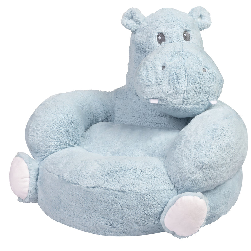 Light blue plush hippo-shaped kids chair with cushioned seat and rounded legs