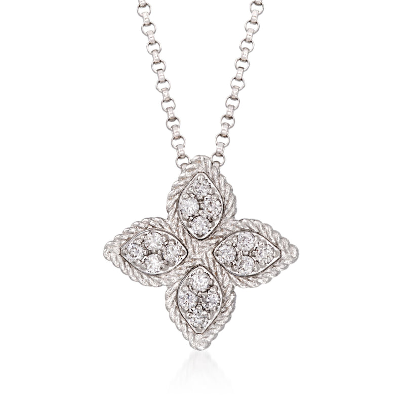 Roberto Coin diamond flower necklace in 18kt white gold with bezel-set cluster pendant