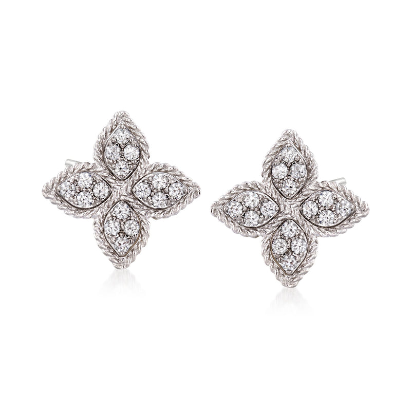 18k white gold diamond flower stud earrings with oval diamond cross cluster