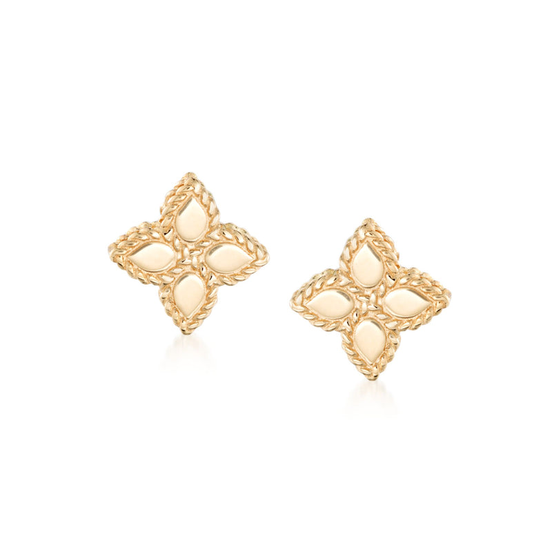 18kt yellow gold flower stud earrings with four oval insets in a petal pattern