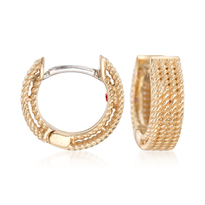 18kt yellow gold huggie hoop earrings with textured openwork detail