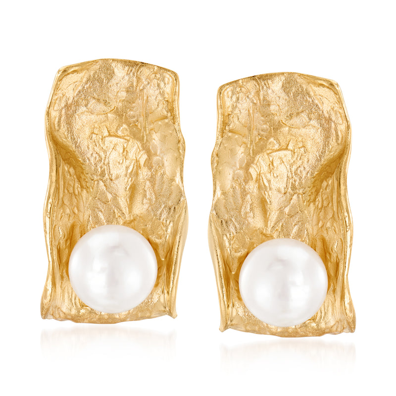 Sculptural gold earrings with white cultured pearl front