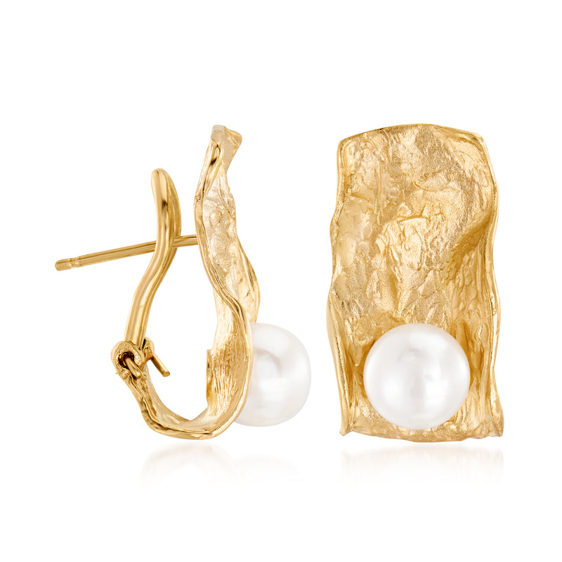 Gold hoop-and-post cultured pearl earrings, side view with pearl detail