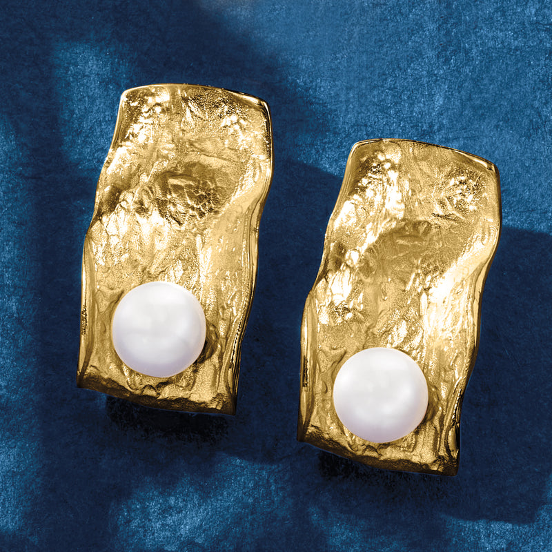 Gold sculptural stud earrings with white cultured pearl drops