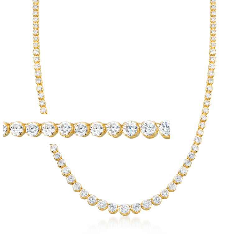 Gold-over-sterling graduated CZ tennis necklace with round stone rows, open-U silhouette.