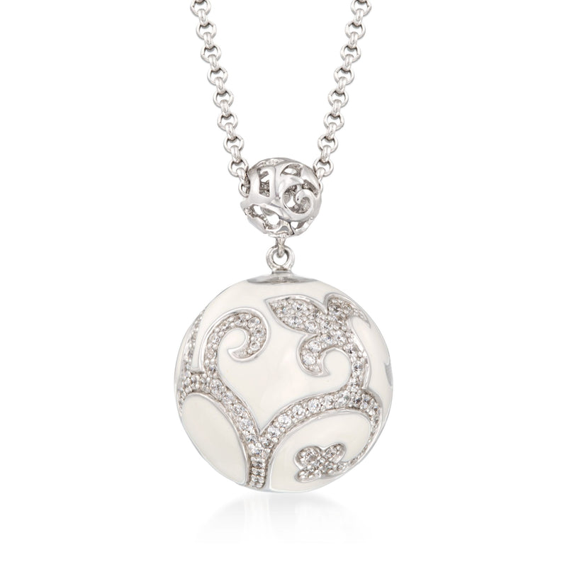 Sterling silver round pendant with white enamel and CZ heart filigree on chain