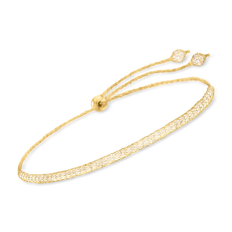 14kt yellow gold bolo bracelet with CZ mesh stations and sliding cord clasp