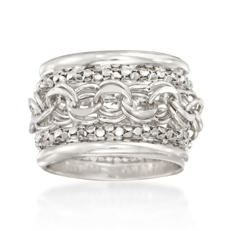 Sterling silver multi-link band ring with stacked chain-style links and smooth edge