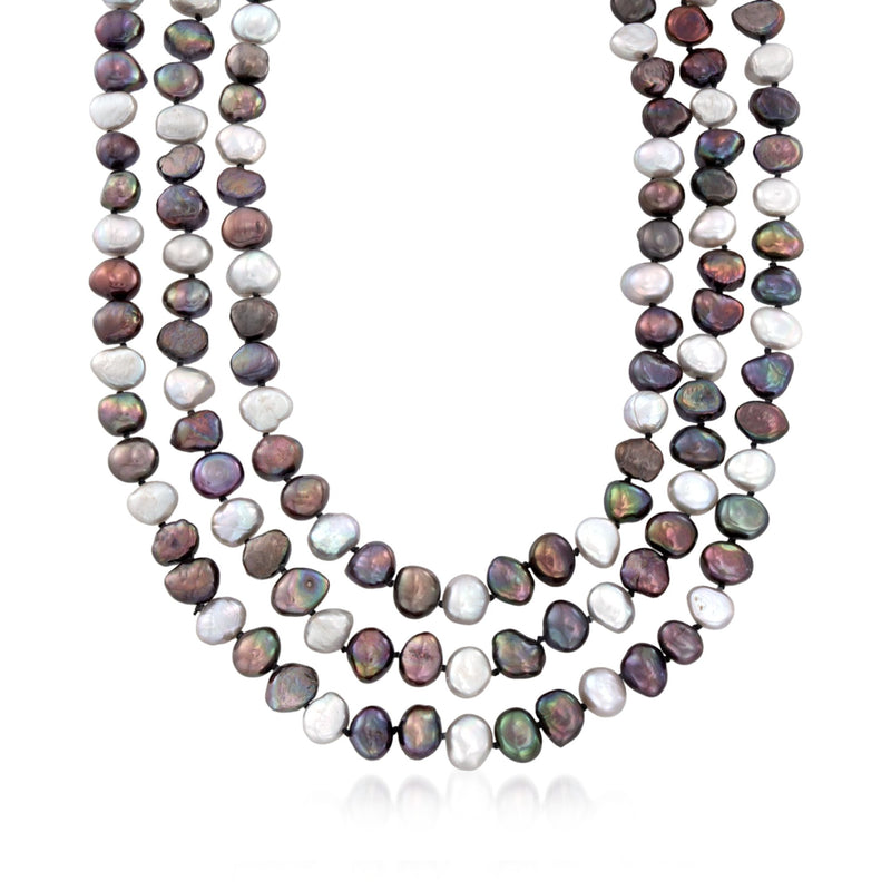 Endless necklace with multicolored baroque cultured pearls, triple strand drape.