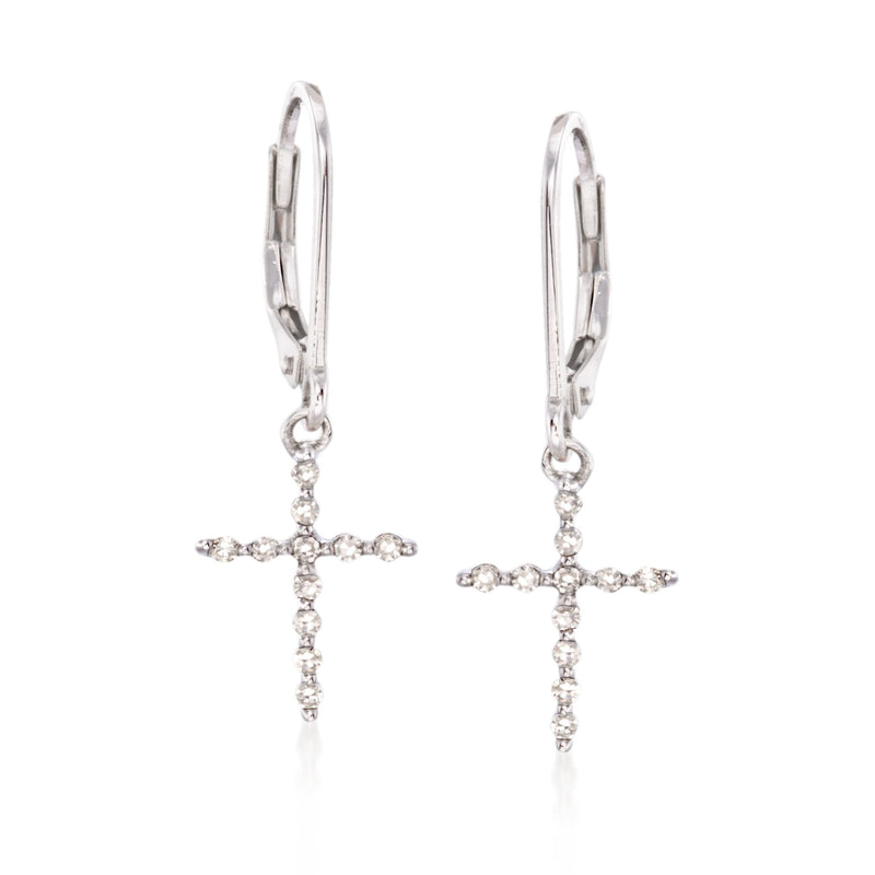 Sterling silver leverback cross drop earrings with small round-cut diamonds