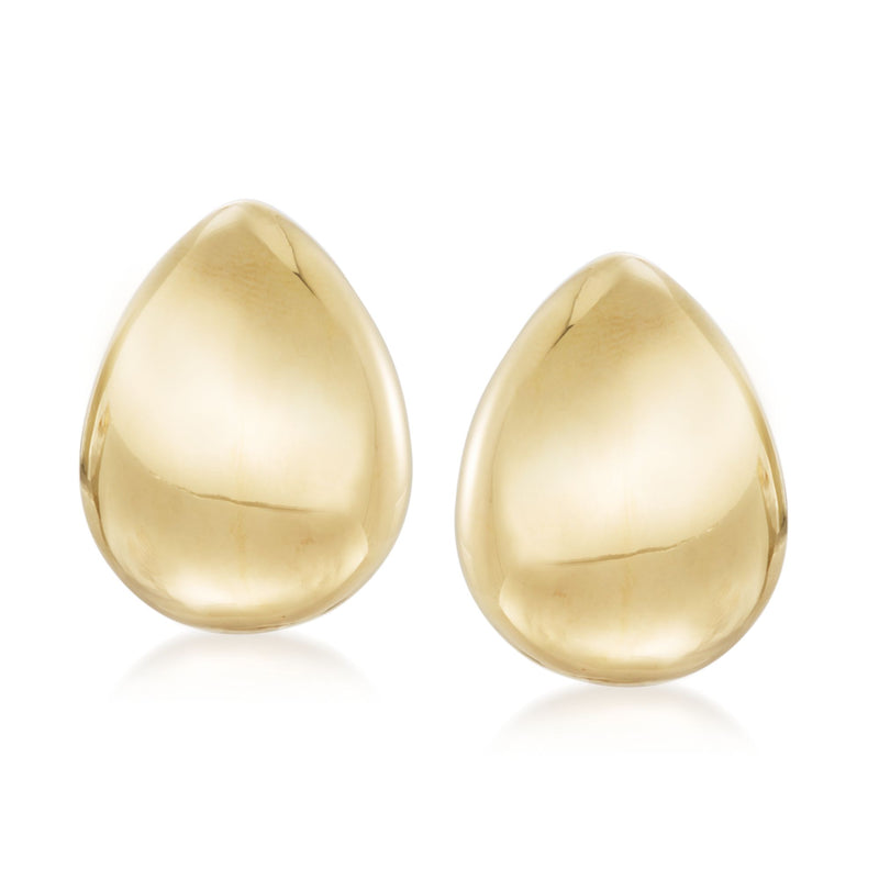 Gold-tone pear-shaped clip-on earrings, glossy finish, teardrop front.