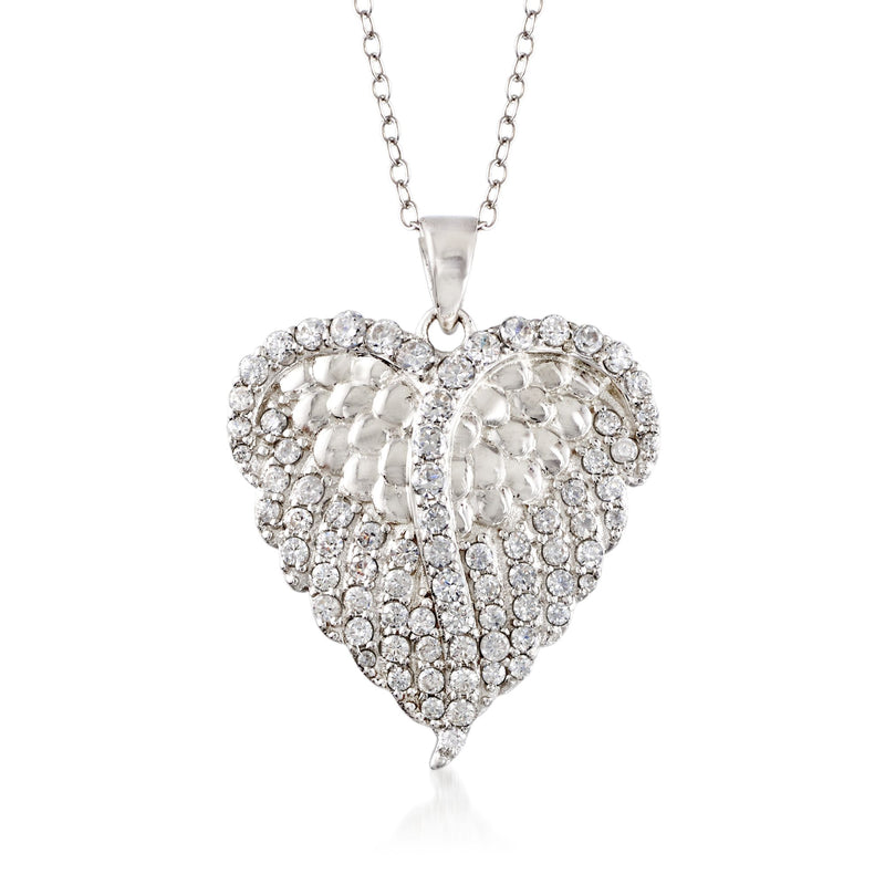 Sterling silver CZ heart wing pendant necklace with clear rhinestone sparkle