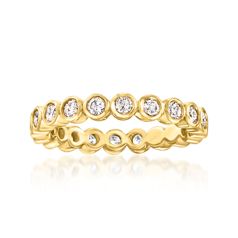 14kt yellow gold diamond eternity band with bezel-set round diamonds, scalloped links