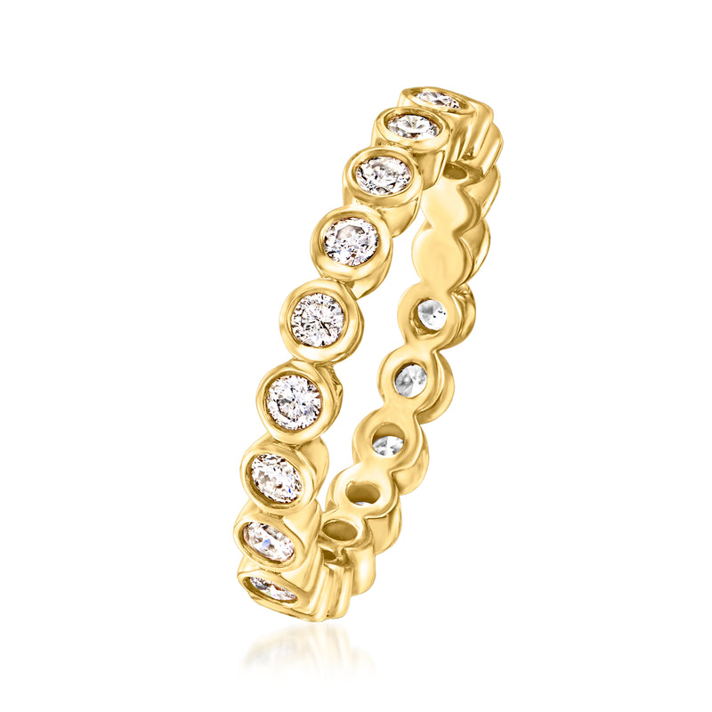 14kt yellow gold diamond eternity band side view with bezel-set round diamonds
