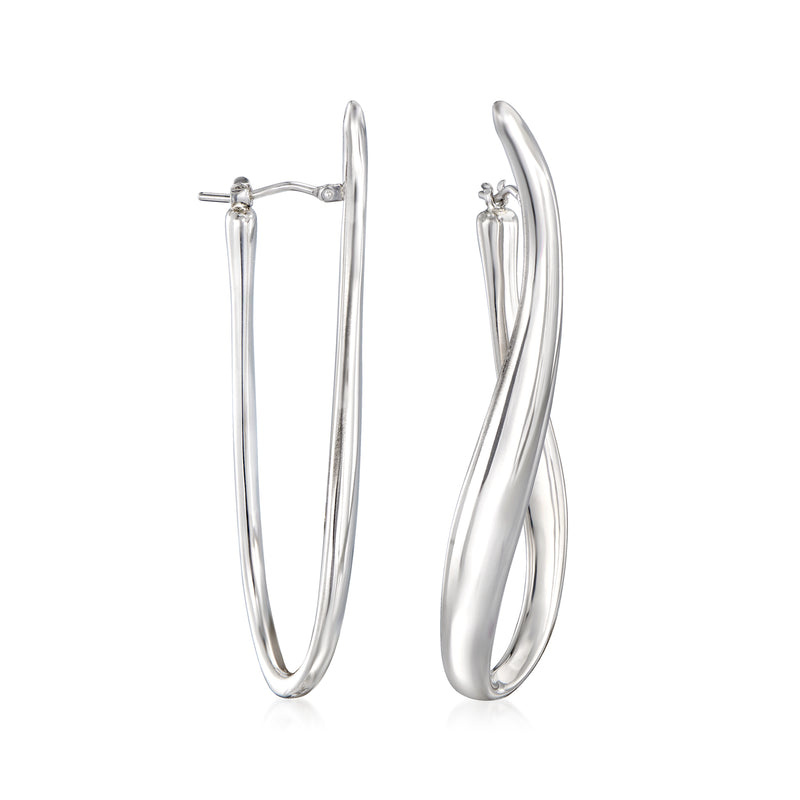 Twisted U-shaped sterling silver hoop earrings, polished, hinged clasp
