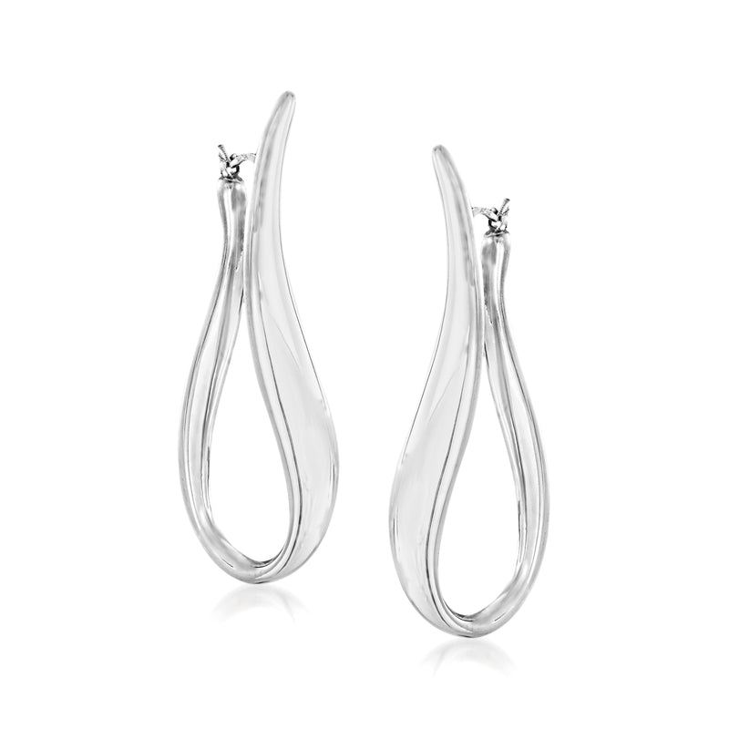 Twisted U-shaped sterling silver hoop earrings, teardrop profile, polished finish