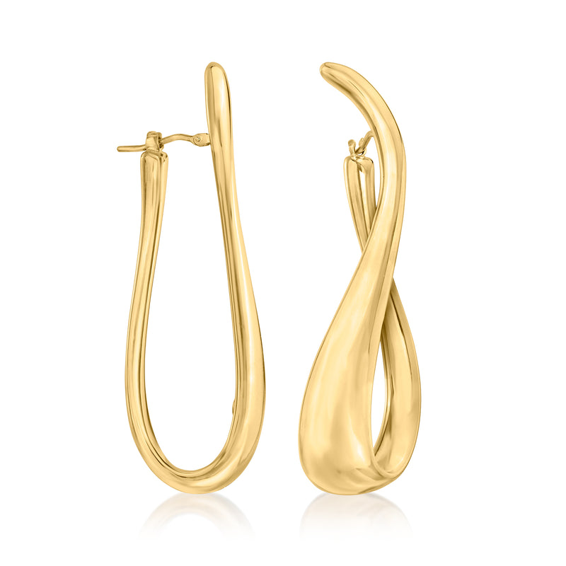 Twisted gold over sterling hoop earrings with hinged clasp and curved teardrop profile