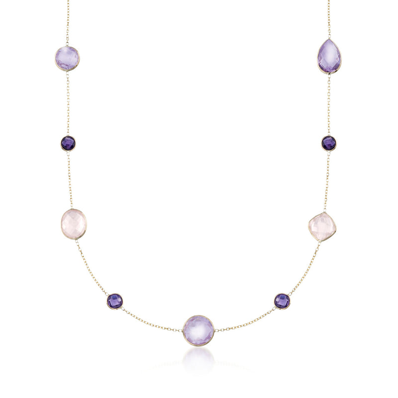 14kt yellow gold station necklace with amethyst and rose quartz gemstone drops