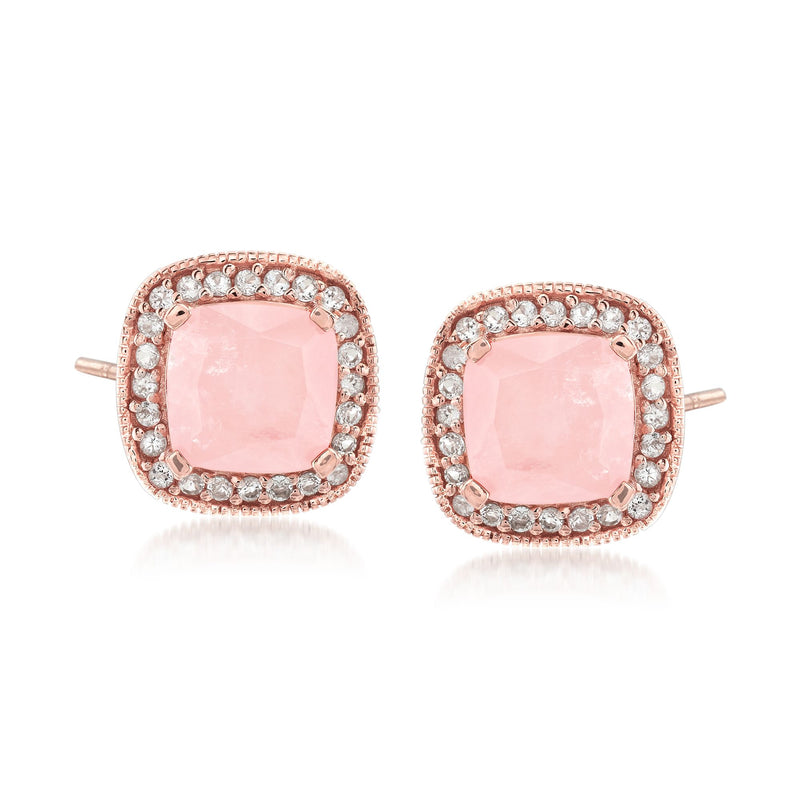 Rose gold stud earrings with pink square gemstone and halo of clear stones