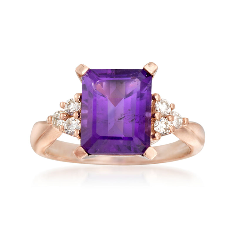 14kt rose gold ring with square amethyst center and diamond cluster accents