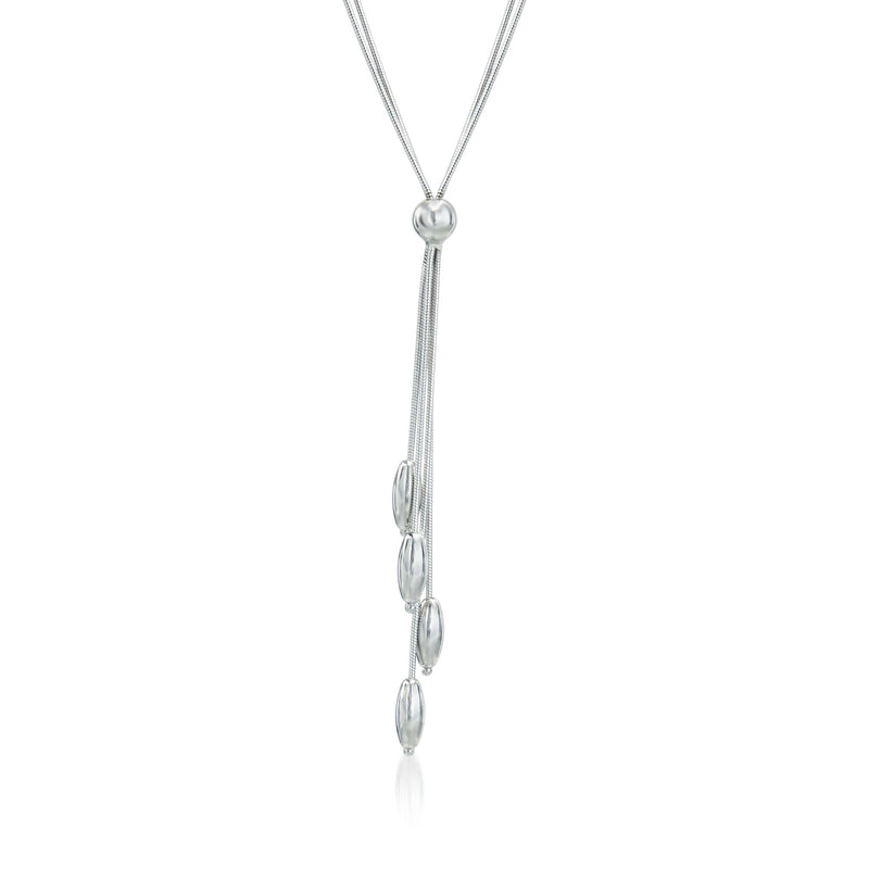 Sterling silver bead tassel necklace with linked oval beads and loop clasp