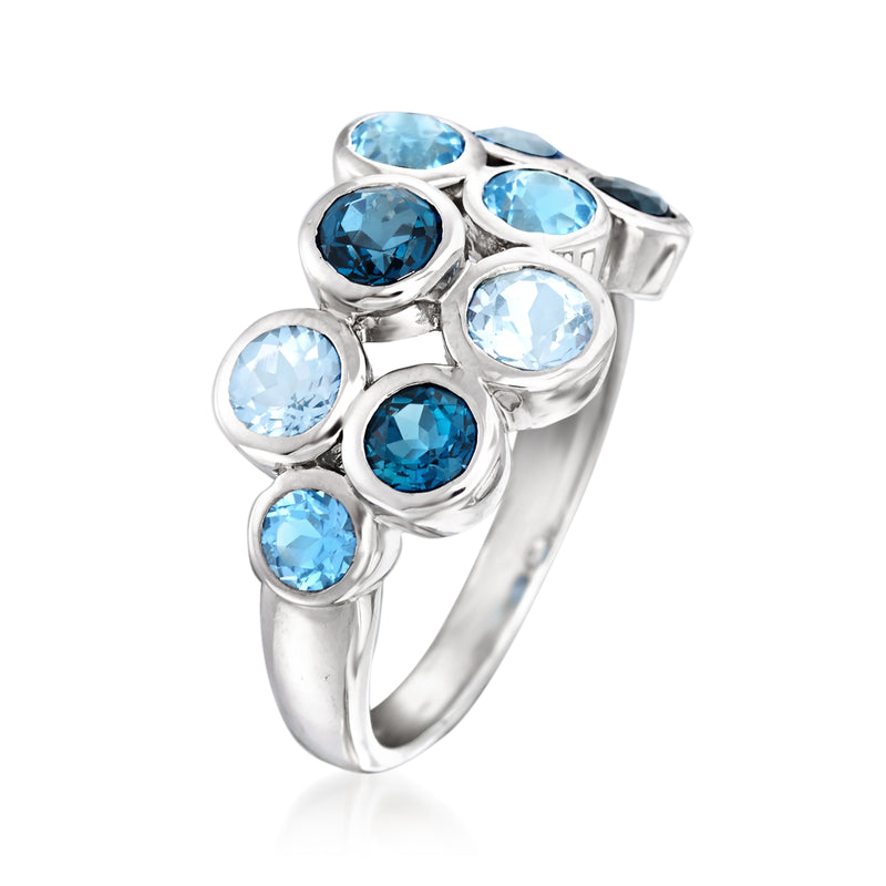 Sterling silver bubble ring with oval blue topaz stones, side view