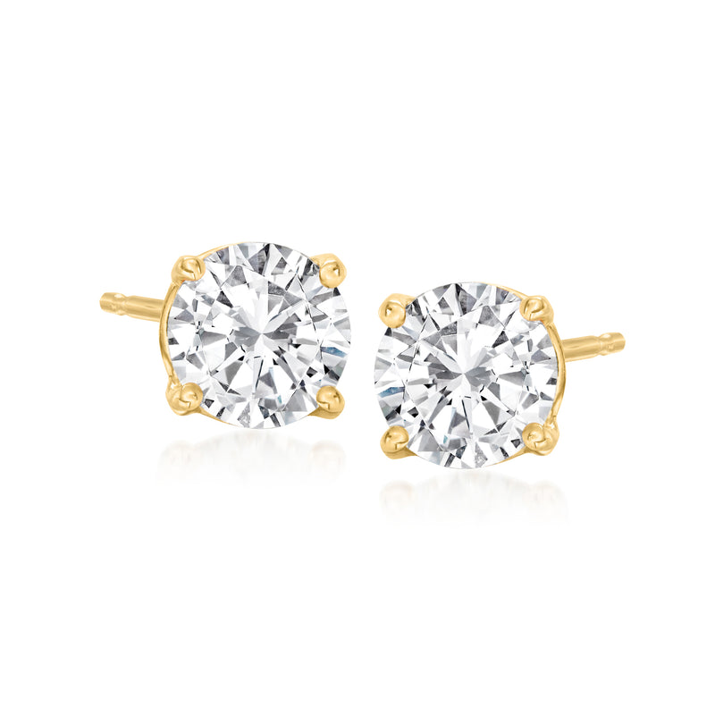 14kt yellow gold diamond stud earrings with round center stones, prong-set