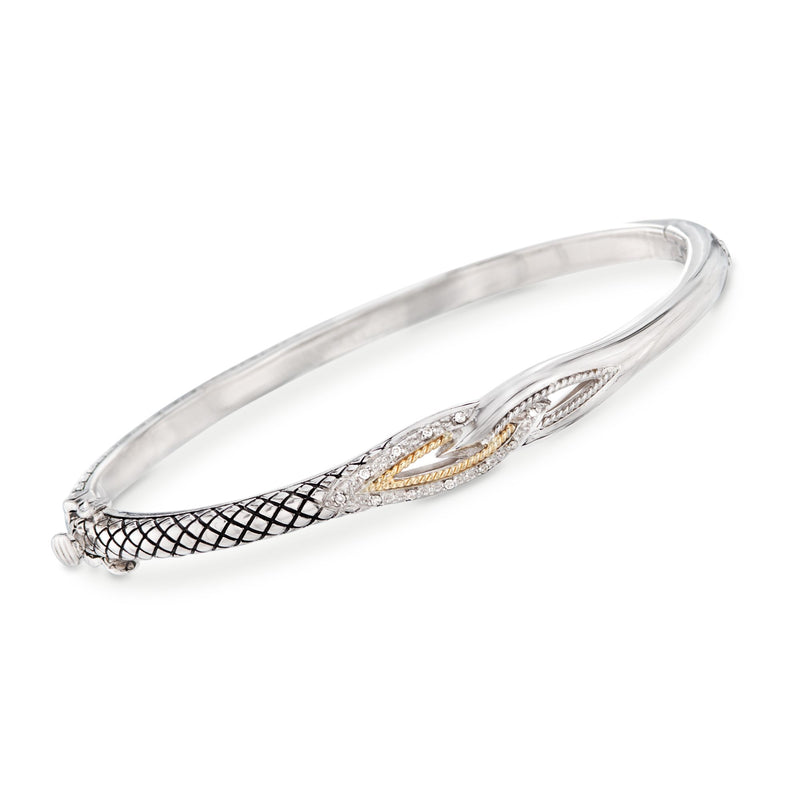 Sterling silver bangle bracelet with 18kt gold oval inlay and diamond accents
